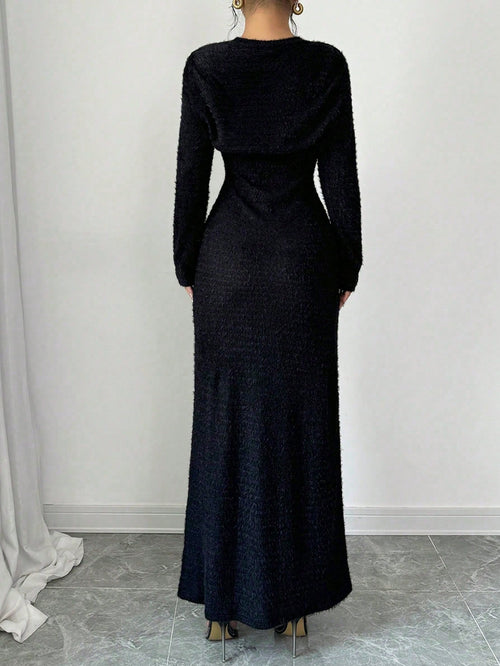 2pcs/Set Women Elegant Solid Color Mermaid Sleeveless Long Dress & Shawl Collar Top