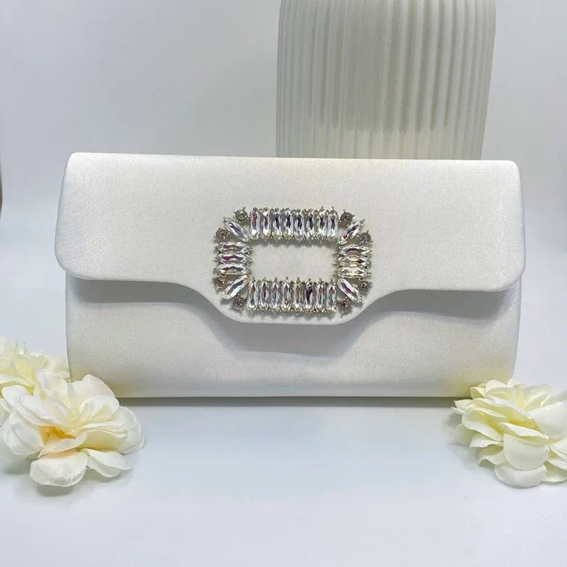 Cream Satin Clutch with Crystal Buckle