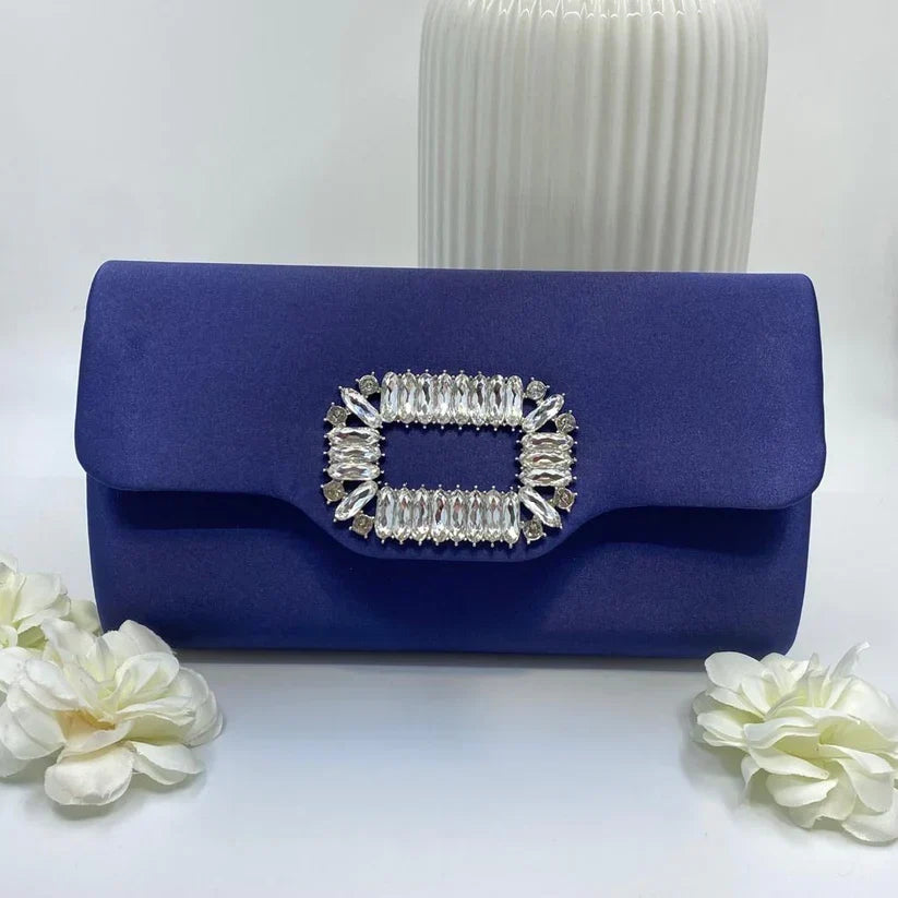 Navy Satin Clutch with Crystal Buckle