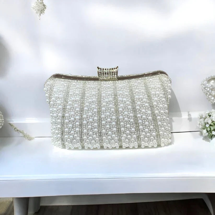 White Pearl Clutch Bag With Silver Frame And Diamante