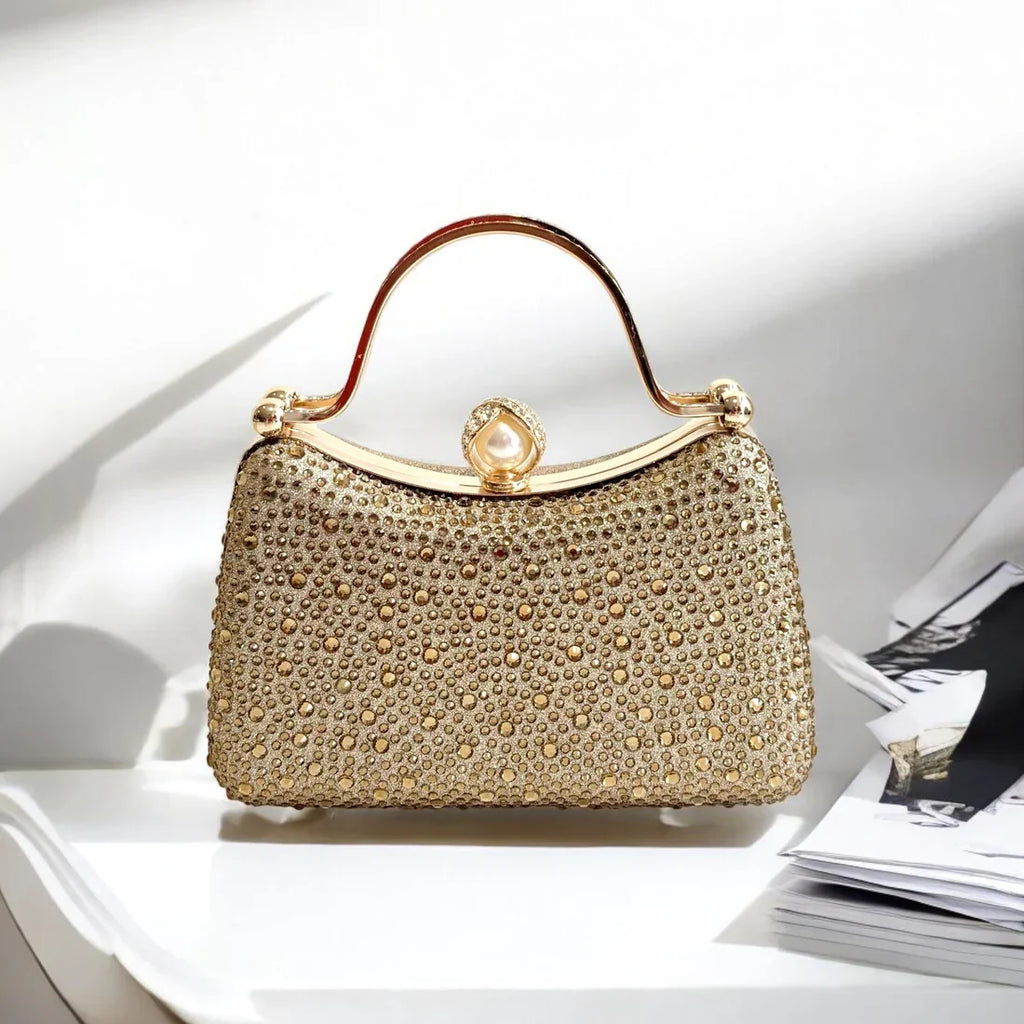 Curved Gold Diamante Dress Bag With Pearl Clasp Closure