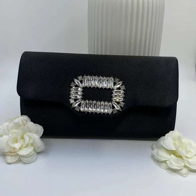 Black Satin Clutch with Crystal Buckle