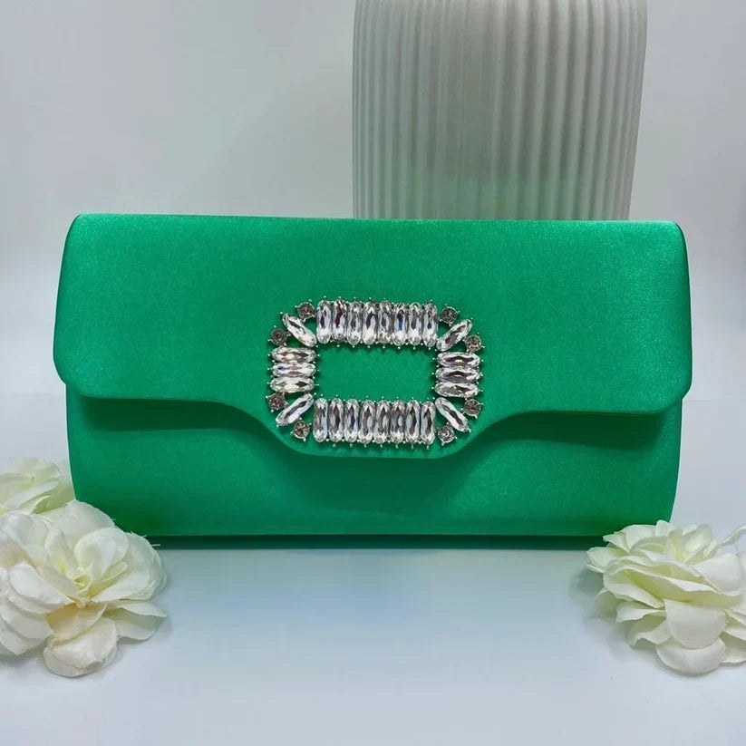 Emerald Green Satin Clutch with Crystal Buckle