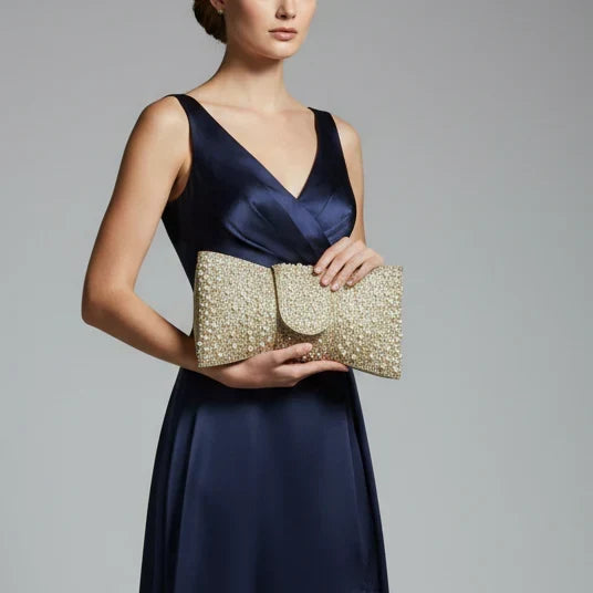 Gold Diamante And Pearl Bow Clutch