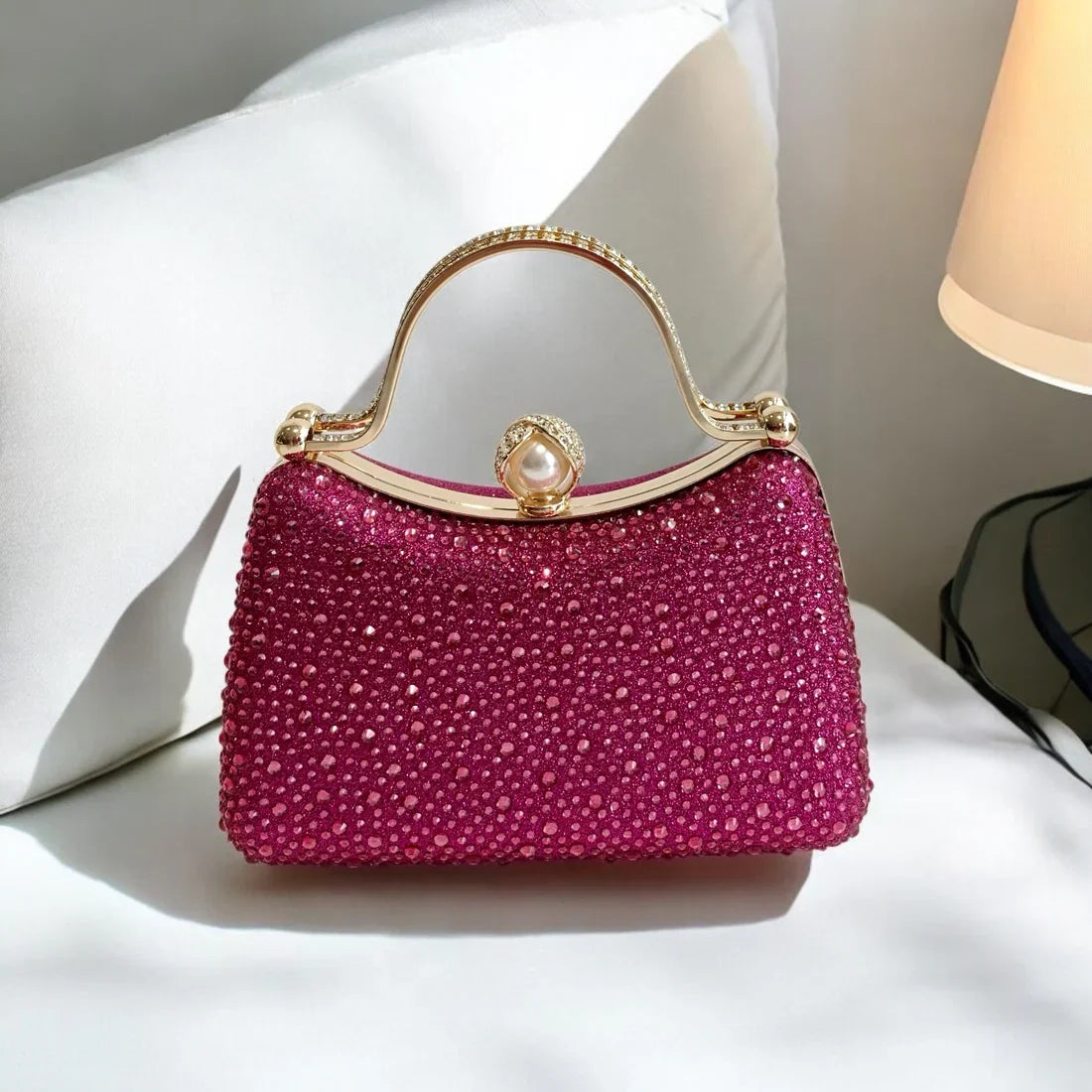 Curved Fushia Diamante Dress Bag With Pearl Clasp Closure