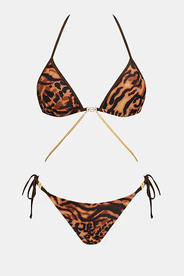 Animal print triangle bikini top with chain detail