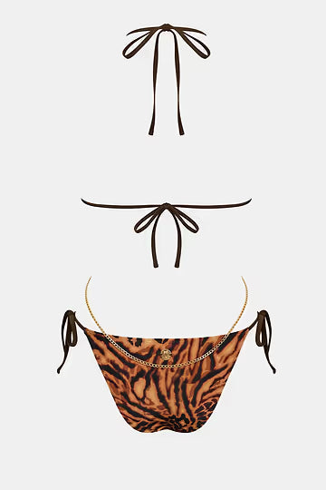 Animal print triangle bikini top with chain detail