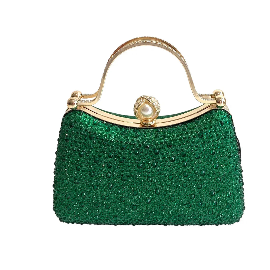 Curved Green Diamante Dress Bag With Pearl Clasp Closure