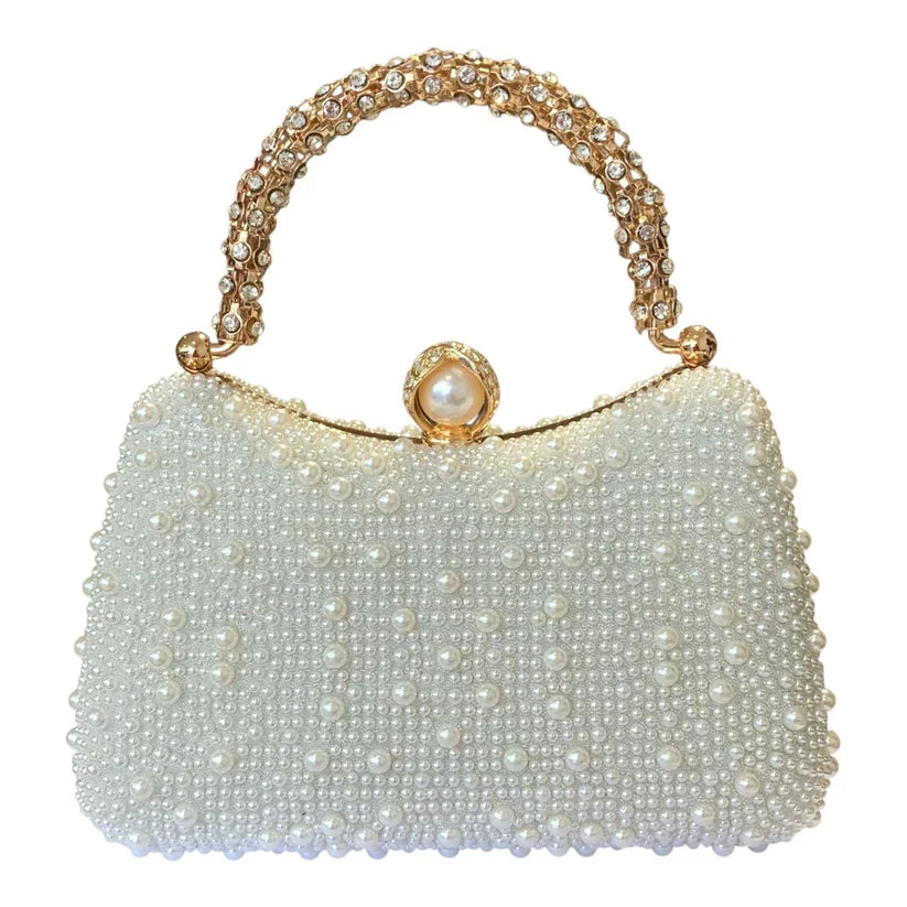 Pearl-embellished Gold Handle clutch