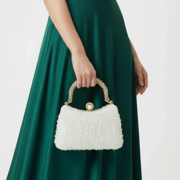 Pearl-embellished Gold Handle clutch