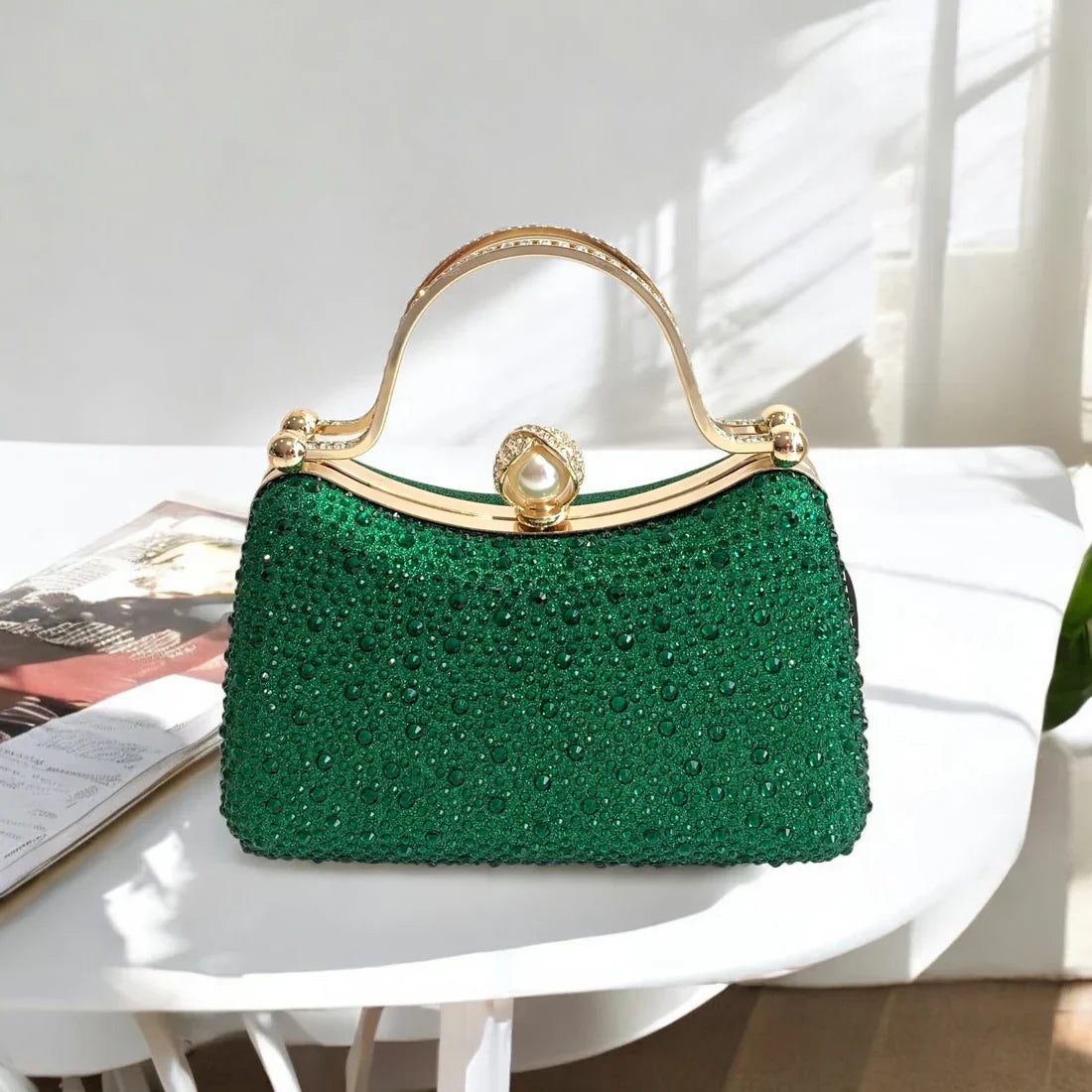 Curved Green Diamante Dress Bag With Pearl Clasp Closure