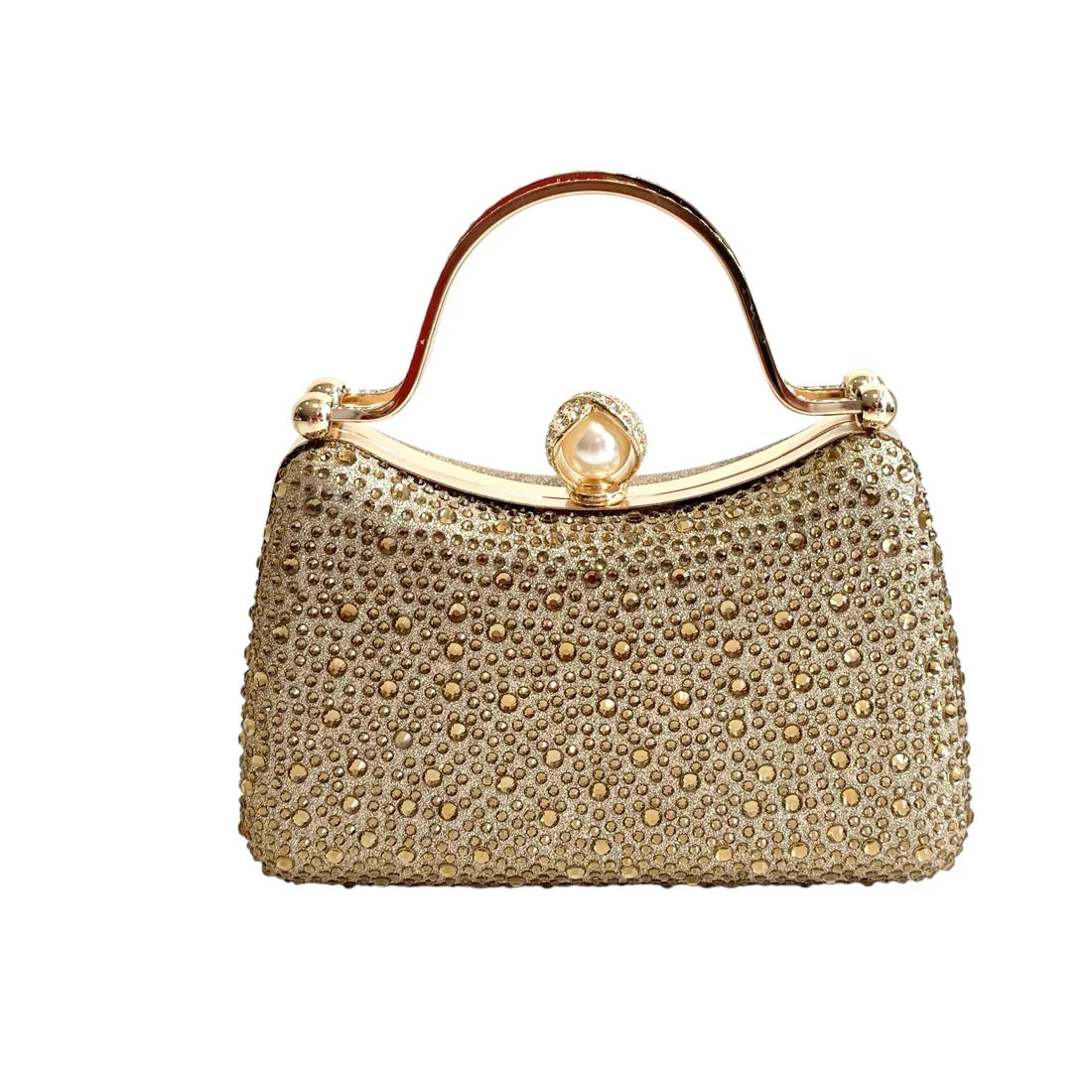Curved Gold Diamante Dress Bag With Pearl Clasp Closure