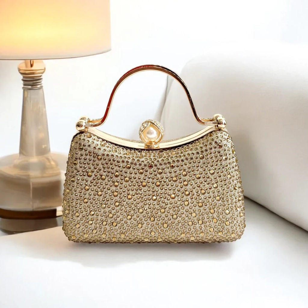 Curved Gold Diamante Dress Bag With Pearl Clasp Closure