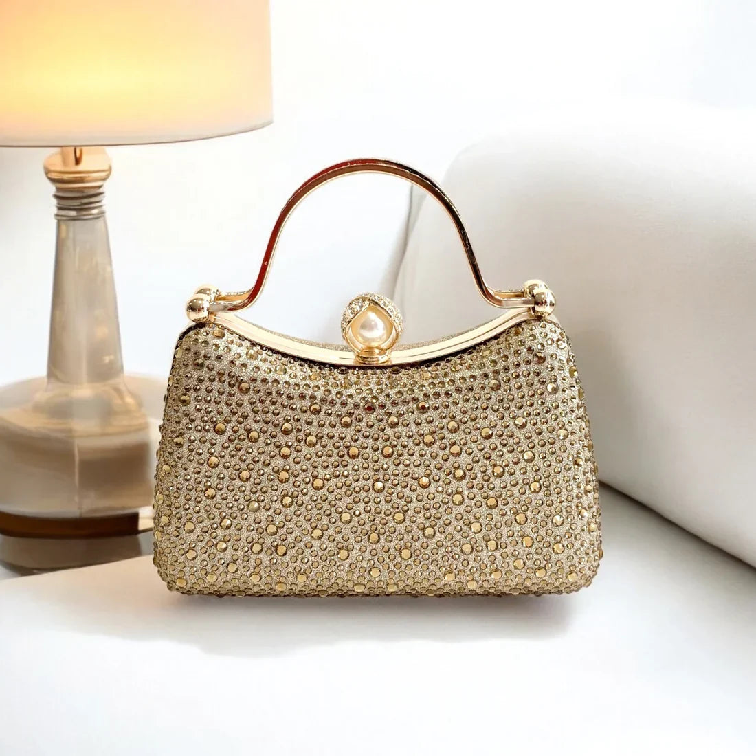 Curved Gold Diamante Dress Bag With Pearl Clasp Closure