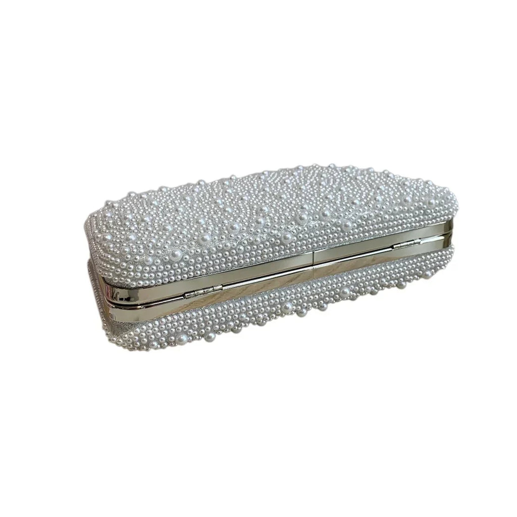 White Pearl Clutch Bag With Silver Frame And Diamante Flower Clasp