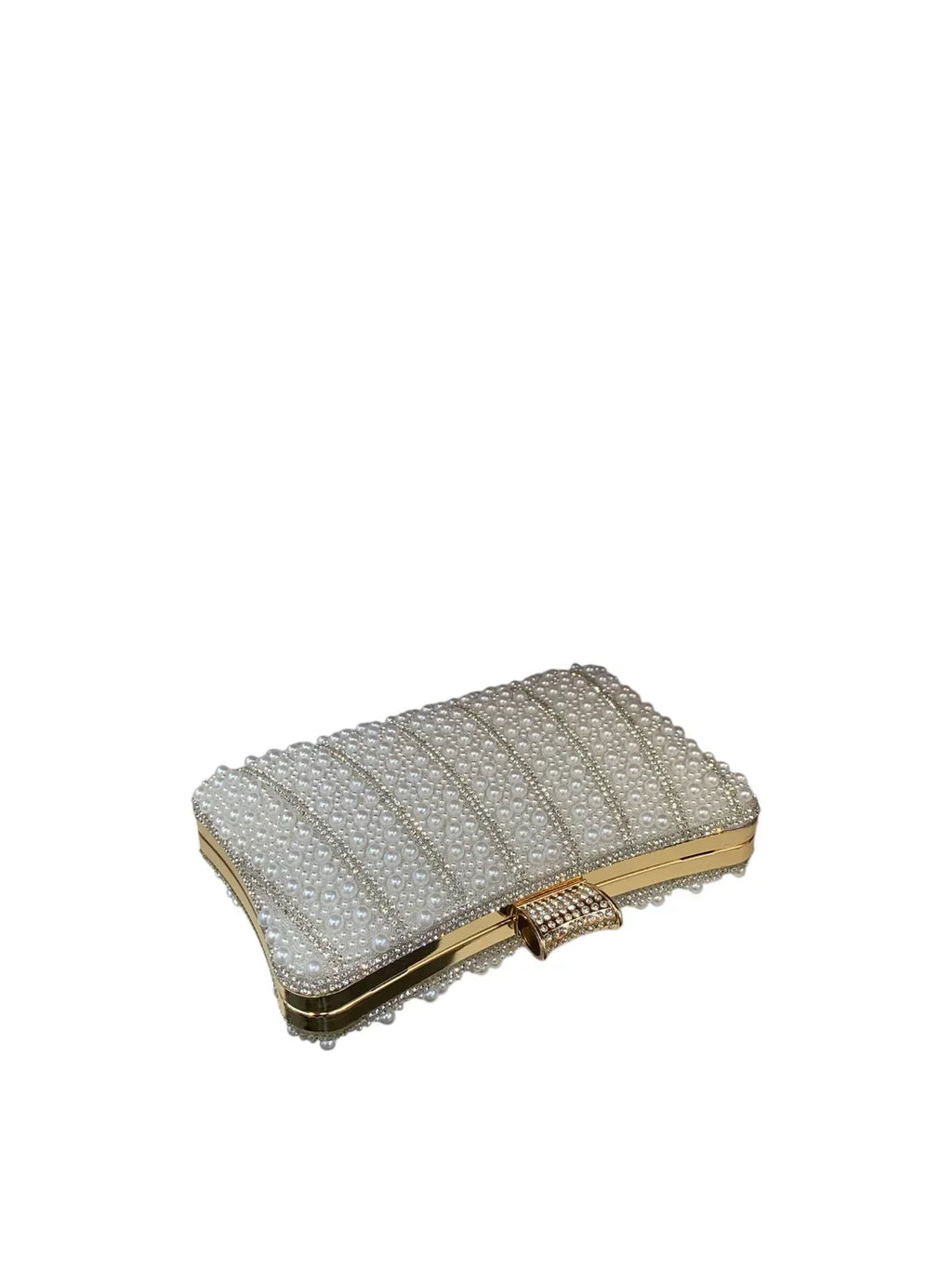 White Pearl Clutch Bag With Gold Frame And Diamante Clasp