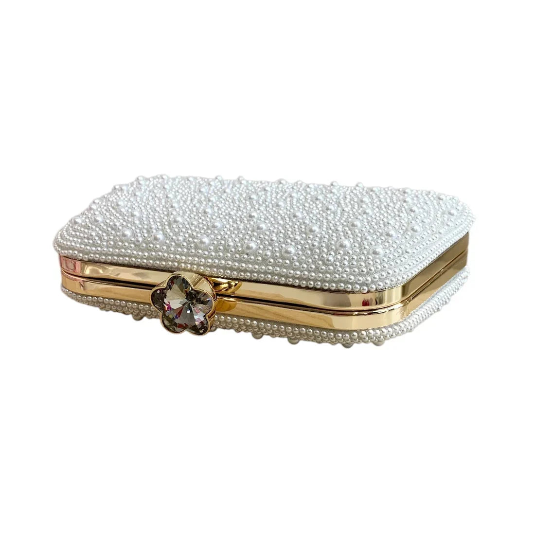White Pearl Clutch Bag With Gold Frame And Diamante Flower Clasp