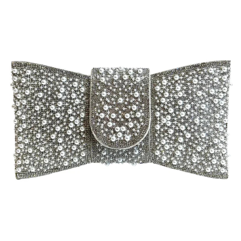 Silver Diamante And Pearl Bow Clutch