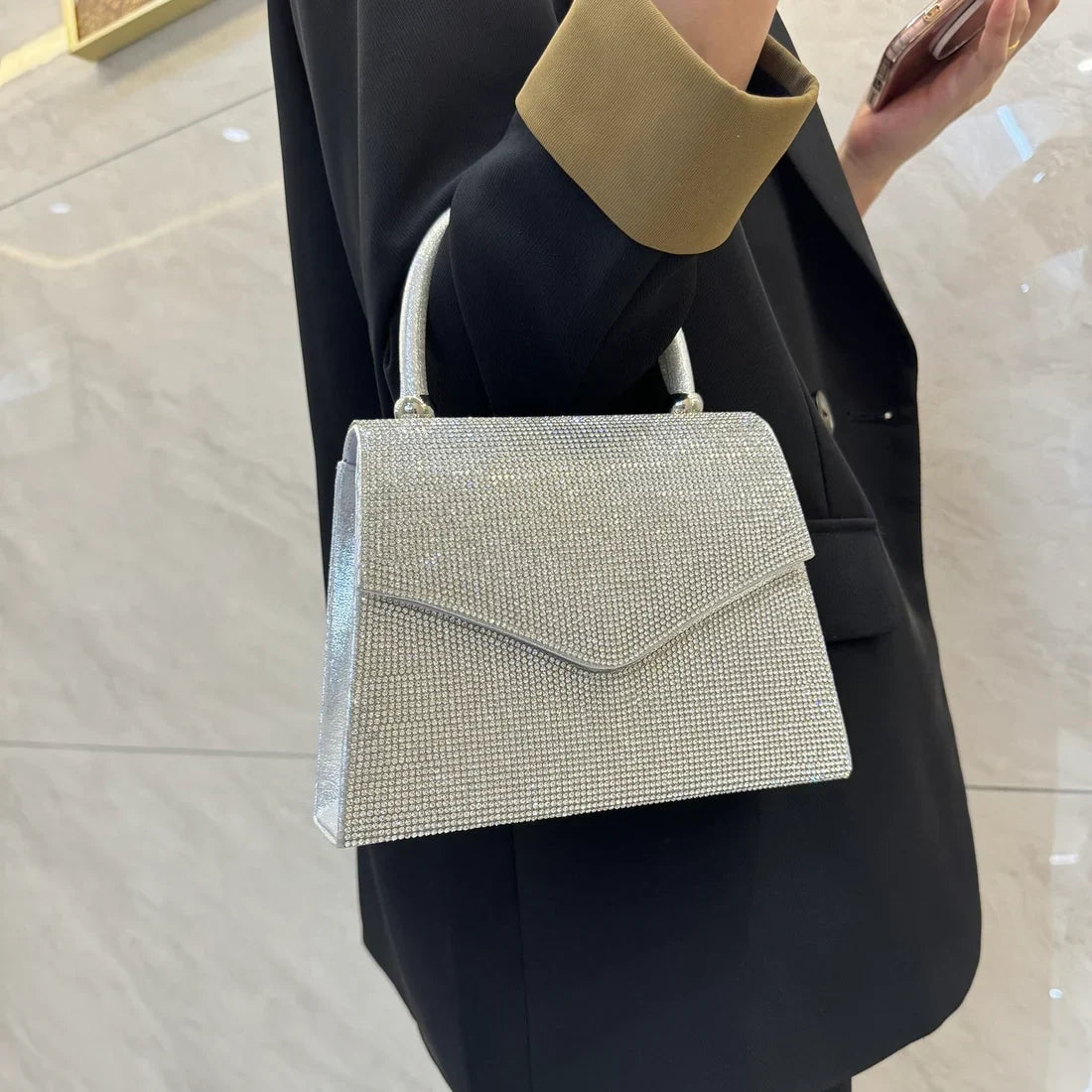 Silver Diamante Dress Bag With Grab Handle