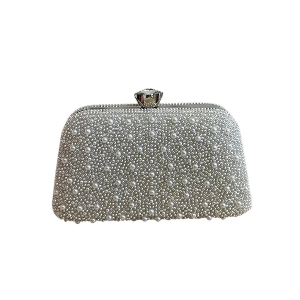 White Pearl Clutch Bag With Silver Frame And Diamante Flower Clasp