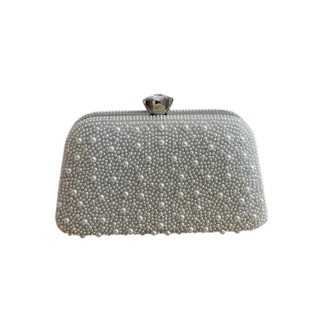 White Pearl Clutch Bag With Silver Frame And Diamante Flower Clasp