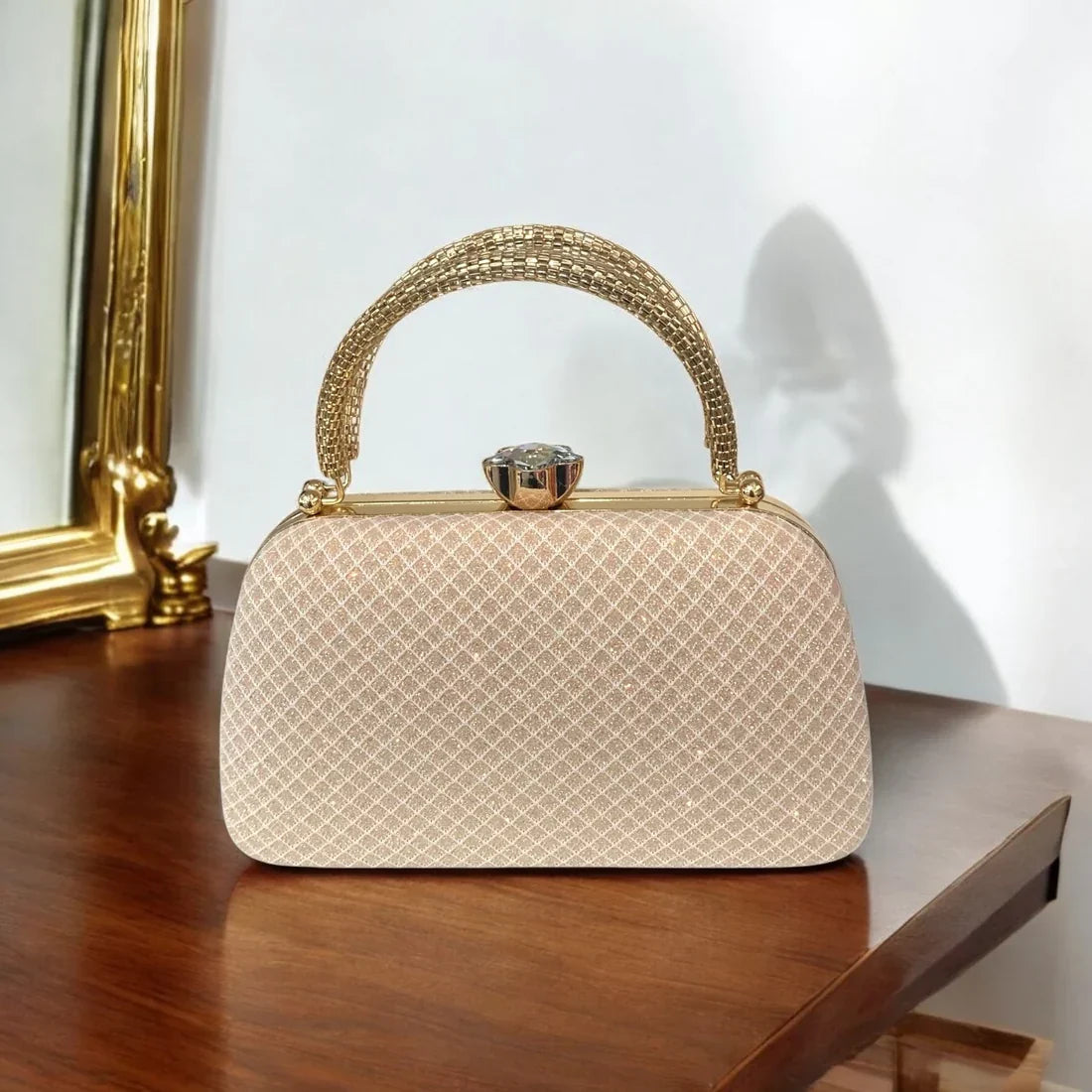 Champagne Dress Bag With Gold Handle