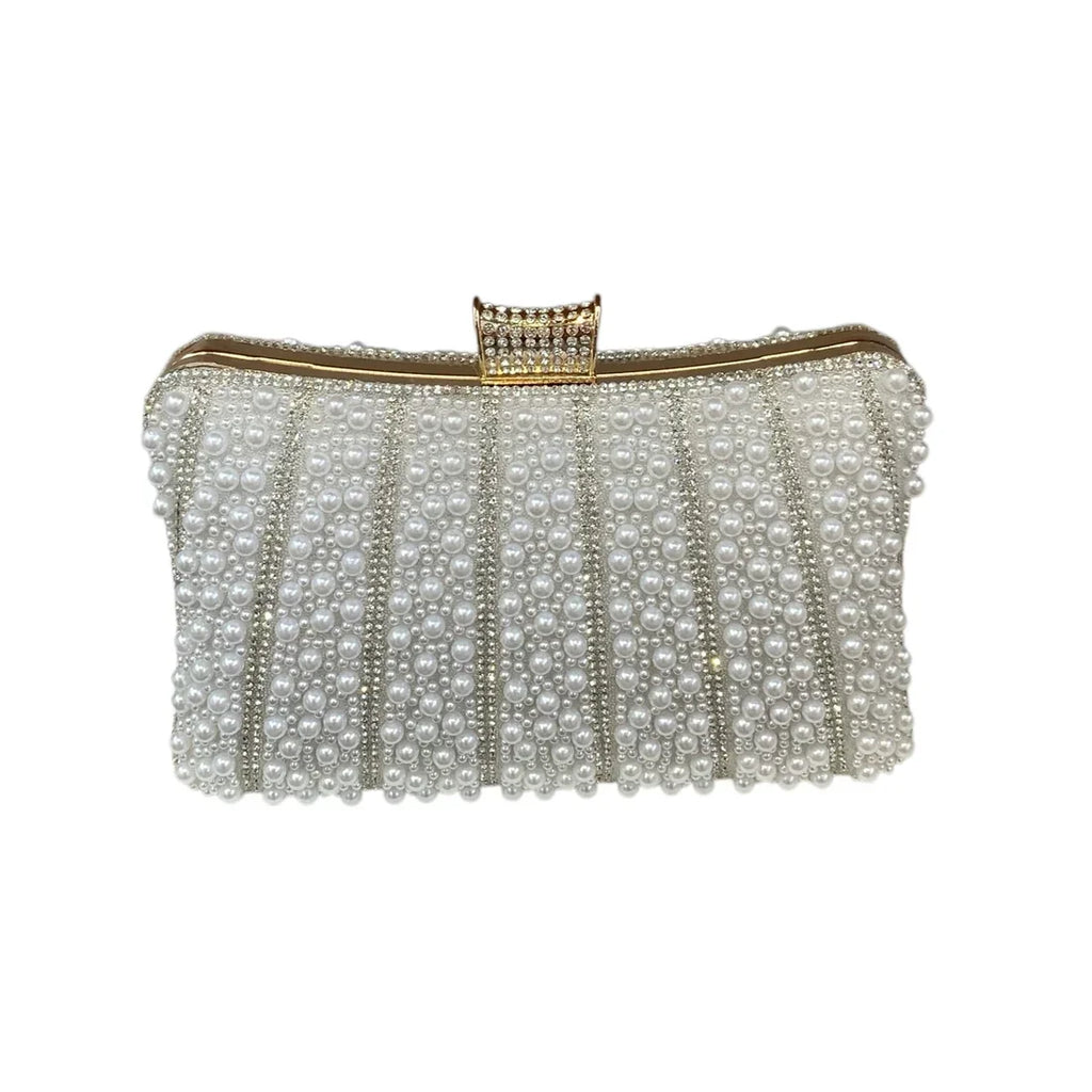 White Pearl Clutch Bag With Gold Frame And Diamante Clasp