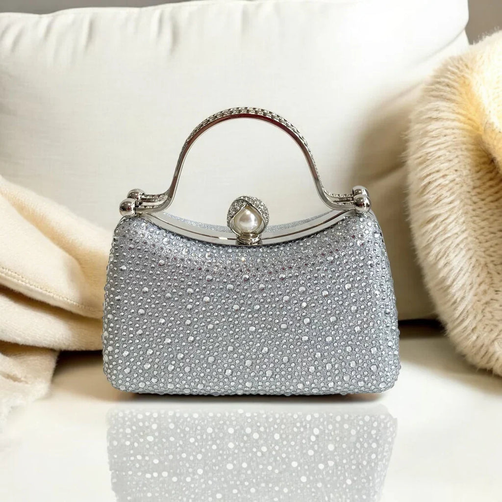 Curved Silver Diamante Dress Bag With Pearl Clasp Closure