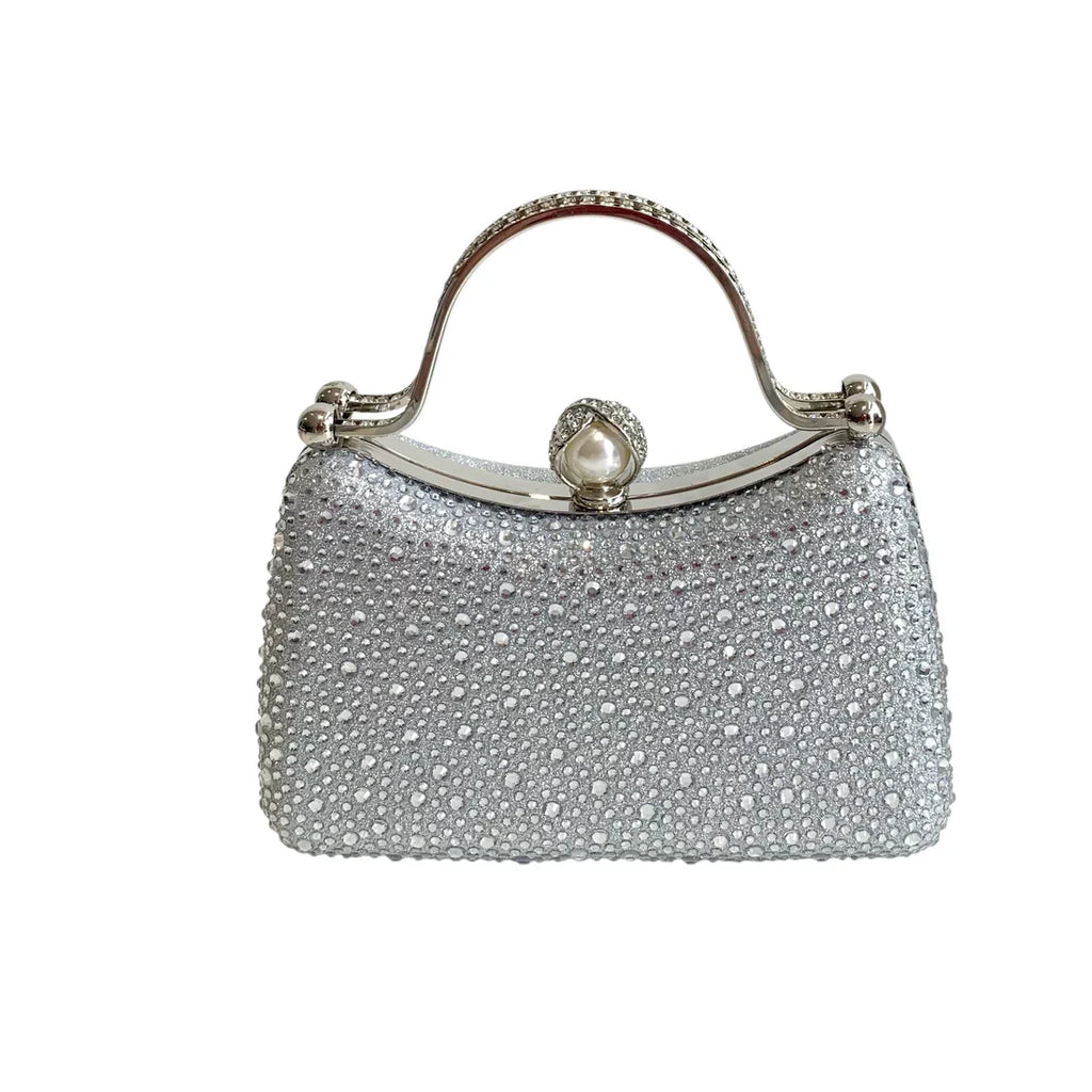 Curved Silver Diamante Dress Bag With Pearl Clasp Closure