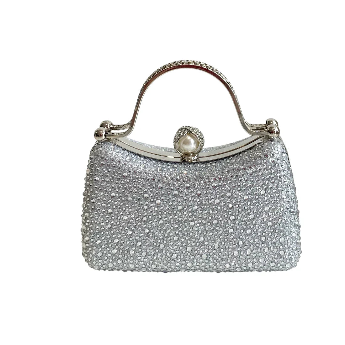 Curved Silver Diamante Dress Bag With Pearl Clasp Closure