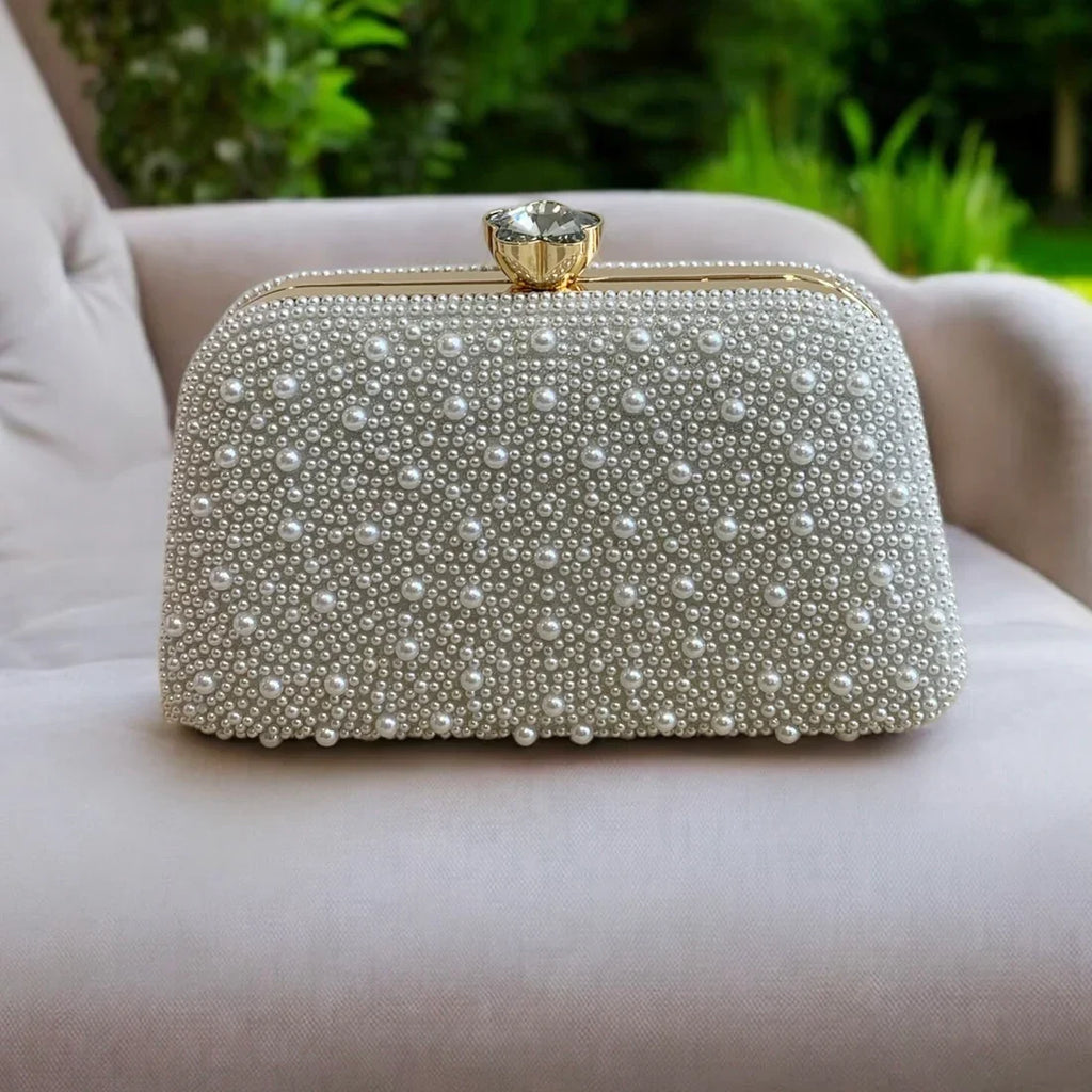 White Pearl Clutch Bag With Gold Frame And Diamante Flower Clasp