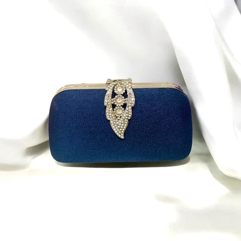 Navy Leaf Clasp Clutch Bag