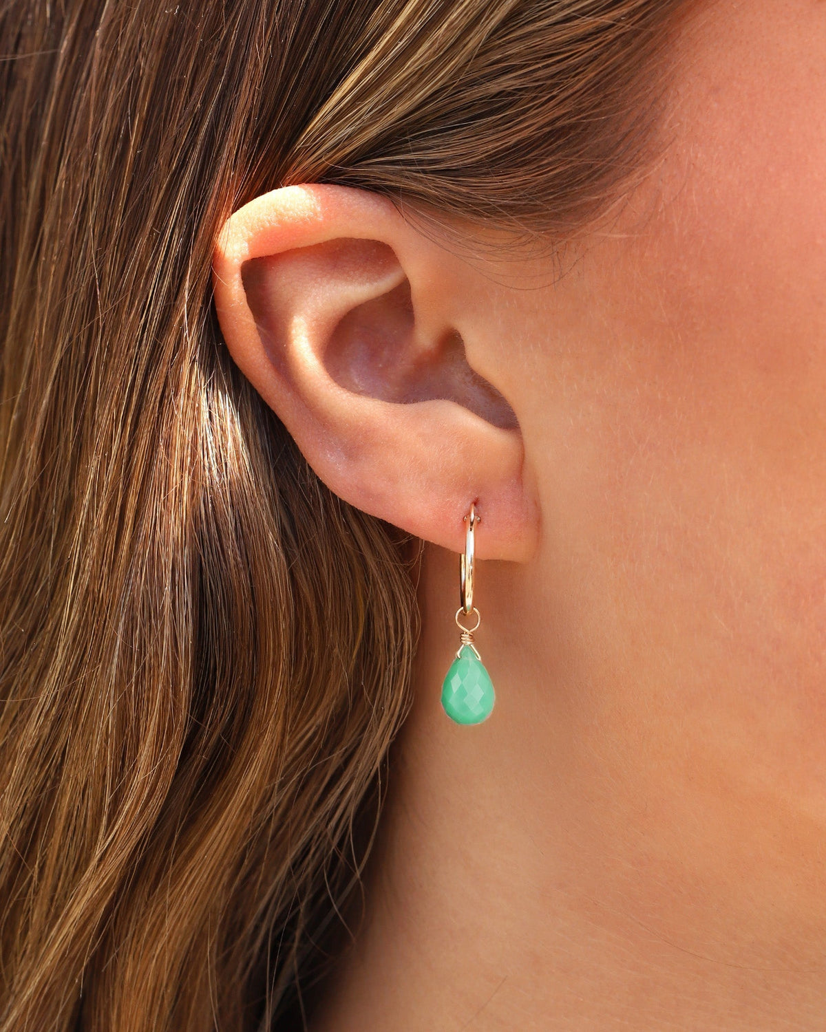 Green Chalcedony Teardrop Floating Drop Huggies | 14mm