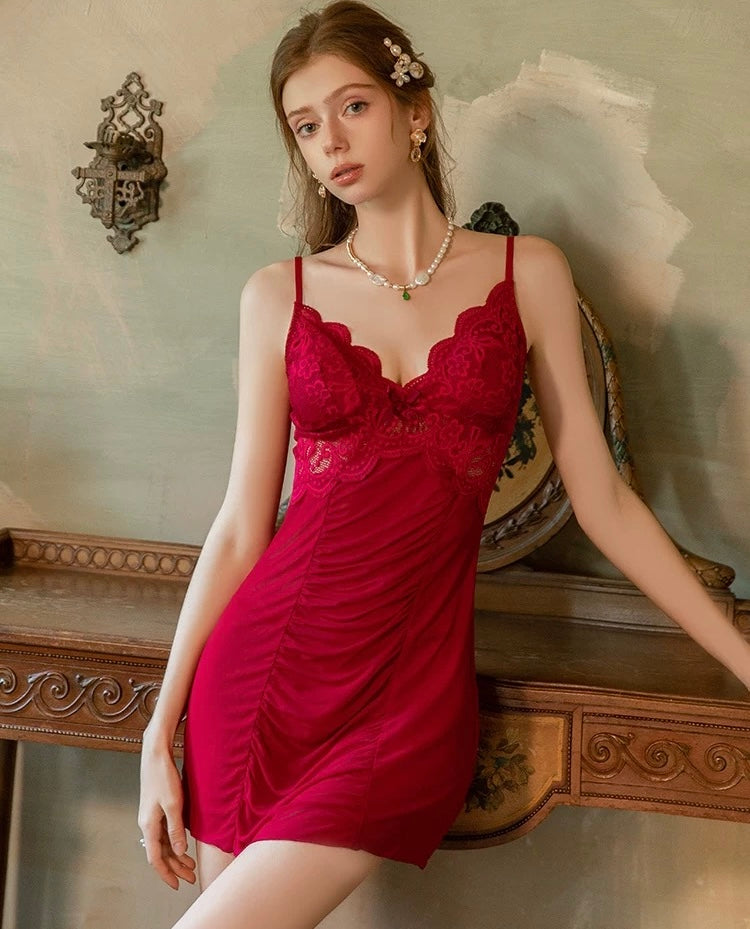 Isadora Lace Trim Padded Lingerie (Red)