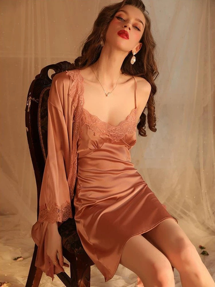Xixili Lace Trim Padded Nightdress Set (RosePink)