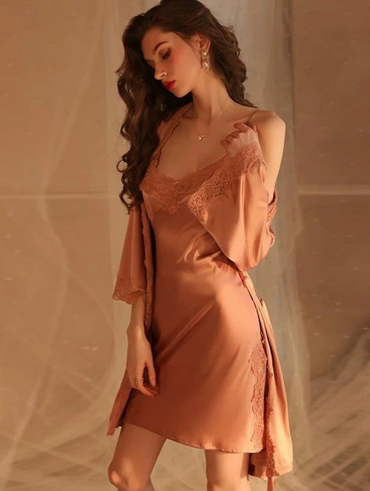Xixili Lace Trim Padded Nightdress Set (RosePink)