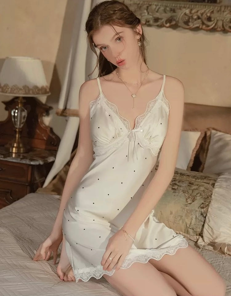 Zoey Polkadot Padded Nightdress Set (White)