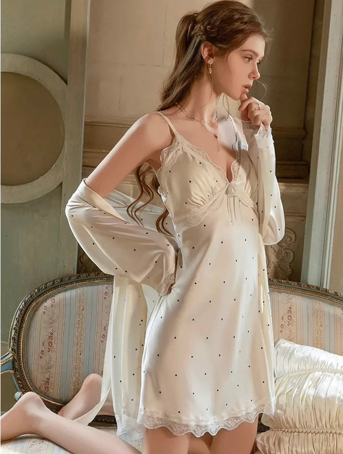 Zoey Polkadot Padded Nightdress Set (White)