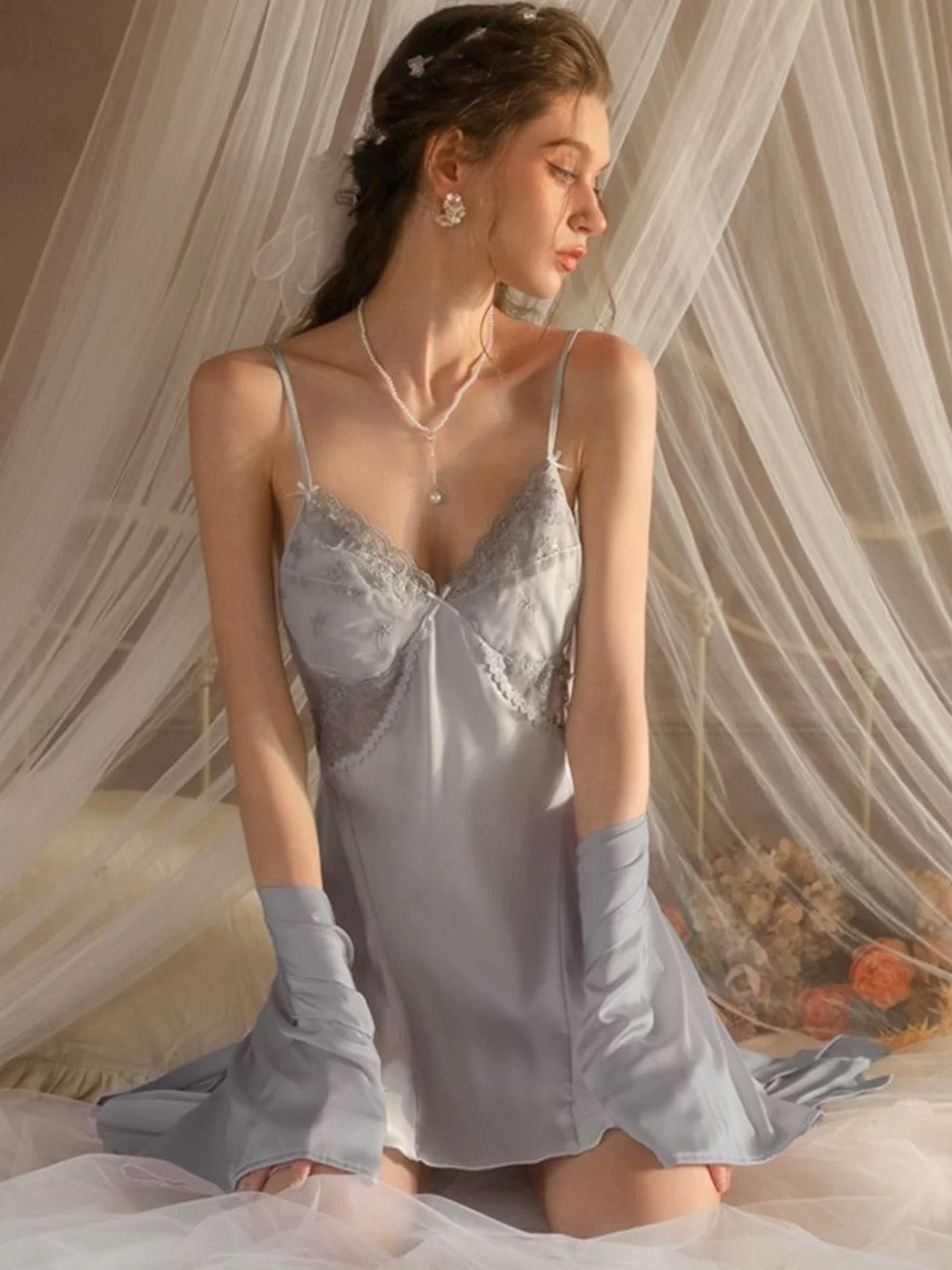 Sabrina Padded Lace Trim Nightdress (Blue)