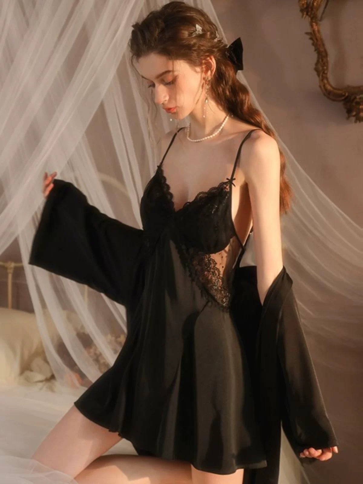 Sabrina Padded Lace Trim Nightdress (Black)