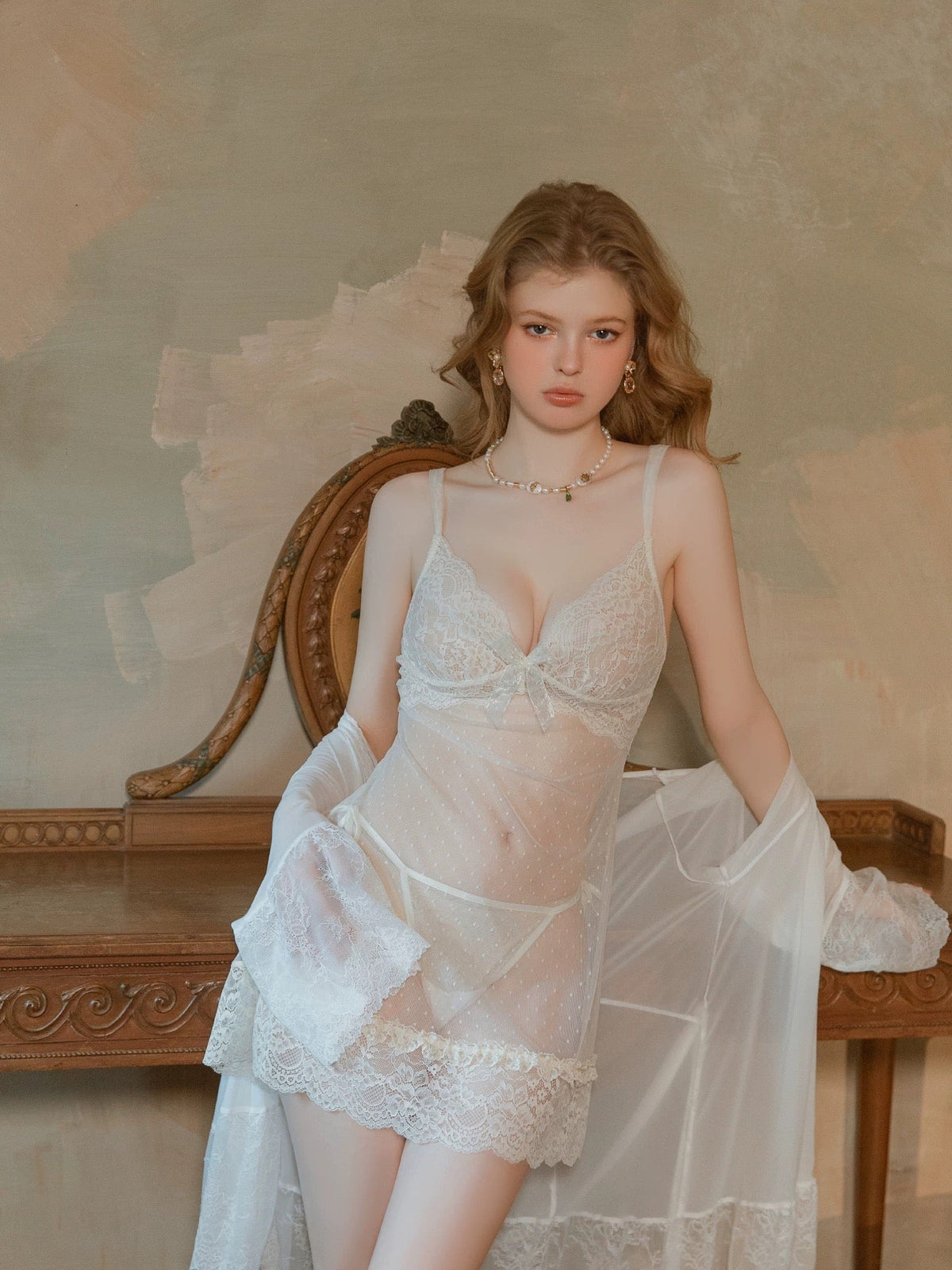 Ciana Lace Trim Sheer Lingerie Set (White)