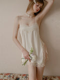 Aimee Side Slit Lace Trim Nightdress (Cream)