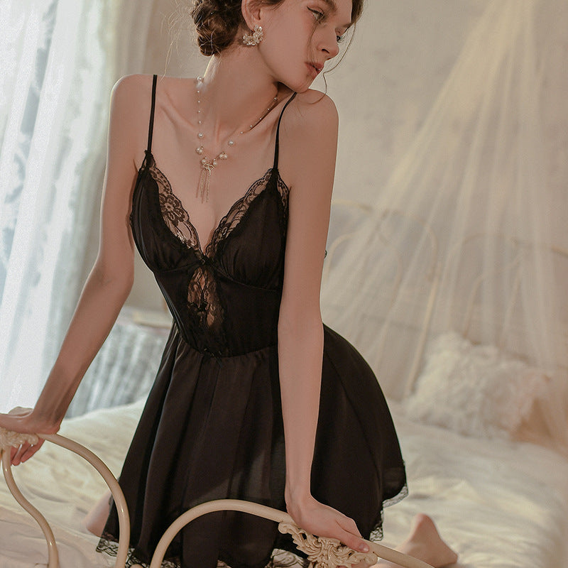 Mila V-Neck Lace Trim Nightdress (Black)