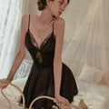 Mila V-Neck Lace Trim Nightdress (Black)