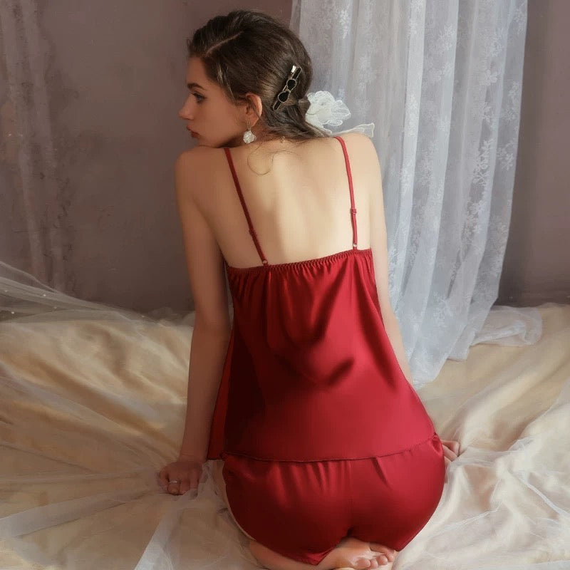 Liz Lace Trim Comfy Nightwear Set (Red)