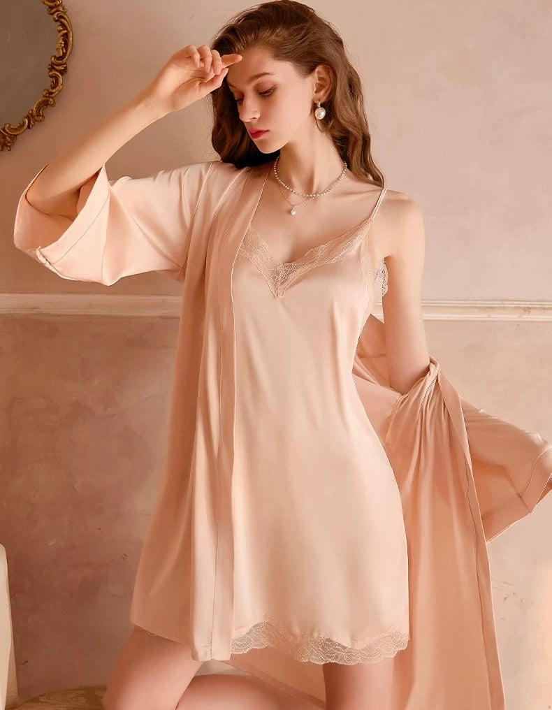 Ollie Lace Trim Padded Nightdress Set (Light Peach)