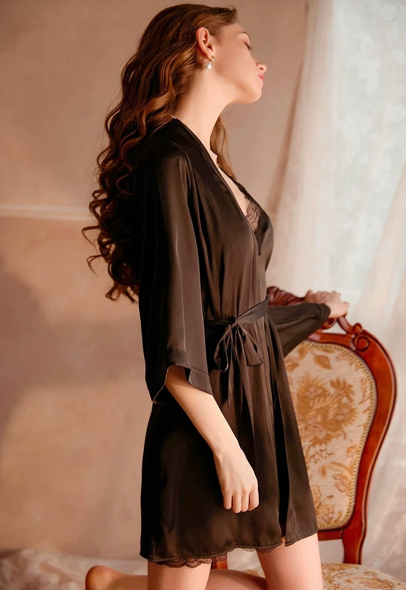 Ollie Lace Trim Padded Nightdress Set (Black)