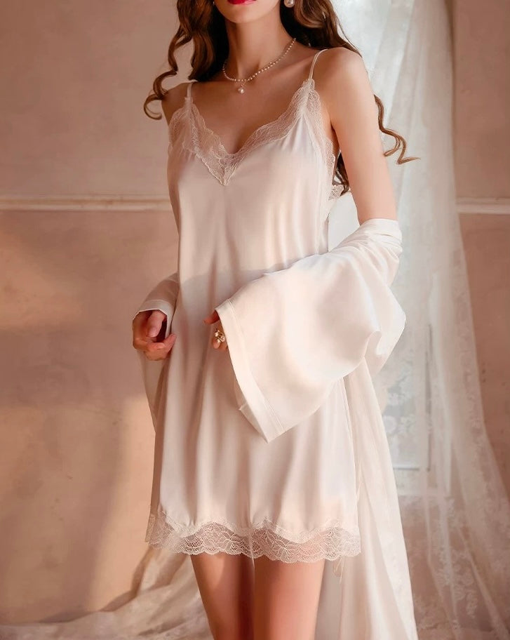 Ollie Lace Trim Padded Nightdress Set (White)