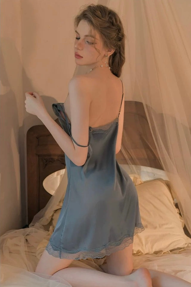 Ollie Lace Trim Padded Nightdress Set (Greyish Blue)