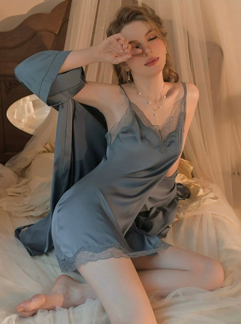 Ollie Lace Trim Padded Nightdress Set (Greyish Blue)
